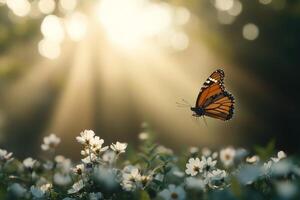 Colorful butterfly flutters over wildflowers in a serene forest setting during golden hour photo