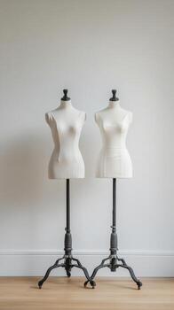Mannequins displayed in a well lit studio showcasing fashion design concepts photo
