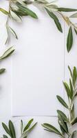 Decorative arrangement of olive leaves framing a blank sheet of textured paper on a light background photo