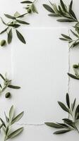 Decorative arrangement of olive leaves framing a blank sheet of textured paper on a light background photo