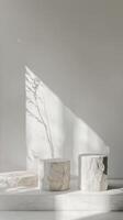 Marble round pedestal in soft light against textured background showcasing natural design photo