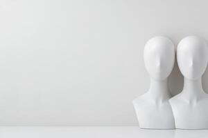 Two white mannequins positioned next to each other against a blank wall photo