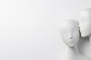 Two white mannequins positioned next to each other against a blank wall photo