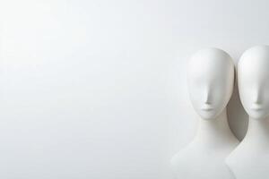 Two white mannequins positioned next to each other against a blank wall photo