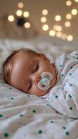Sweet sleeping baby with pacifier surrounded by soft lights on cozy bed photo
