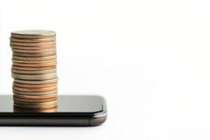 Coins stacked on a smartphone displaying the integration of currency and technology today photo