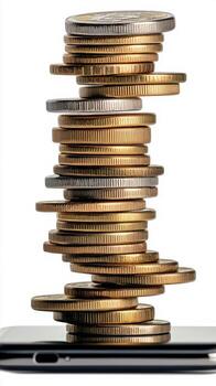 Stack of coins balanced on smartphone reflecting savings and financial planning strategy photo