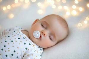 Adorable sleeping baby with pacifier surrounded by soft warm lights in cozy setting photo
