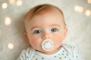 Adorable sleeping baby with pacifier surrounded by soft warm lights in cozy setting photo