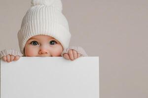 Baby in white hat playfully holding blank sign against neutral background photo