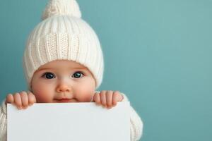 Baby in white hat playfully holding blank sign against neutral background photo