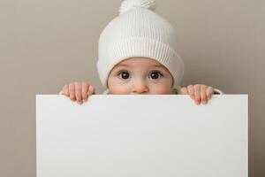 Baby in white hat playfully holding blank sign against neutral background photo
