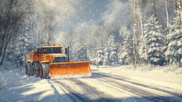 Snowplow clearing a winter road under a cloudy sky during snowfall photo