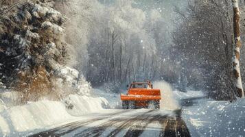 Snowplow clearing a winter road under a cloudy sky during snowfall photo