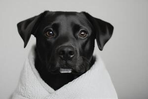 Black dog wrapped in a cozy sweater poses with a thoughtful expression indoors photo