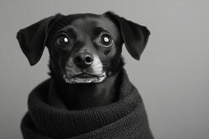 Black dog wrapped in a cozy sweater poses with a thoughtful expression indoors photo