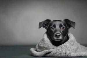 Black dog wrapped in a cozy sweater poses with a thoughtful expression indoors photo
