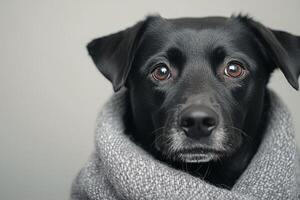 Black dog wrapped in a cozy sweater poses with a thoughtful expression indoors photo