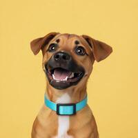 Dog with turquoise collar against a solid teal background looking curiously at the camera photo