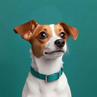 Cute small dog with brown and white fur looking curiously against a teal background photo