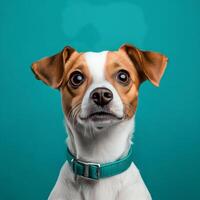 Cute small dog with brown and white fur looking curiously against a teal background photo