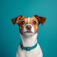 Cute small dog with brown and white fur looking curiously against a teal background photo