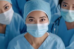 Healthcare professionals in blue scrubs and masks ready for service in a clinical setting photo