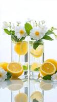 Refreshing lemon and mint beverage served in tall glasses with bubbles and garnishes photo