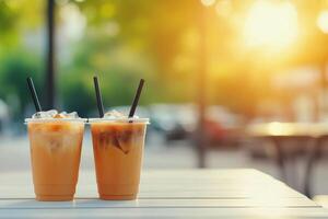Refreshing iced beverages on a sunny afternoon in an outdoor cafe setting photo