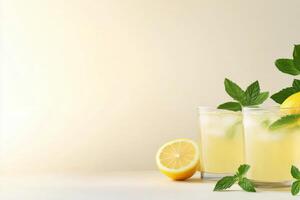 Refreshing summer lemonade with mint and lemon slices in clear glasses on a light background photo