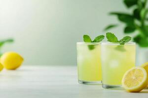 Refreshing summer lemonade with mint and lemon slices in clear glasses on a light background photo