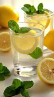 Refreshing lemon and mint beverage served in tall glasses with bubbles and garnishes photo