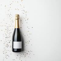 Sparkling wine bottle surrounded by gold star confetti for celebration decor photo