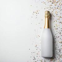 Sparkling wine bottle surrounded by gold star confetti for celebration decor photo