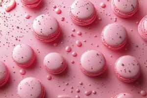 Delightful pink macarons surrounded by sparkling droplets on a pastel background photo