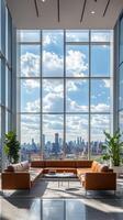 Modern interior design with large windows showcasing a city skyline in bright daylight photo