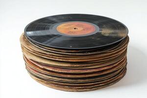 Vintage vinyl records stacked in a unique display showcasing music history photo