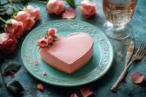 Heart shaped cake on a blue plate with roses and a glass of ros wine photo