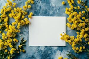 Bright yellow flowers surrounding a blank white card on a textured blue background photo