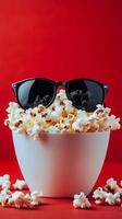 Popcorn bowl with sunglasses against a vibrant red background creates a playful mood photo