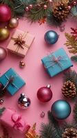 Festive arrangement of colorful gift boxes and ornaments for holiday celebrations photo