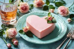Heart shaped cake on a blue plate with roses and a glass of ros wine photo