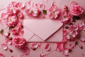Pink envelope surrounded by rose petals and flowers for romantic occasions or messages photo