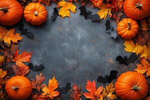 Festive autumn arrangement featuring pumpkins and bats against an orange background photo