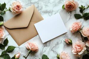 Delicate pink roses surrounding a blank envelope on a marble surface for personal notes photo