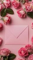 Pink envelope surrounded by roses on a soft pink background for special occasions photo
