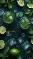Refreshing mint and lime cocktails with ice in a dark setting photo