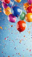 Colorful balloons rising with confetti on a bright blue background at a celebration photo
