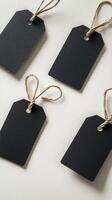Crafting black tags for labeling items or gifts in a simple studio setting photo