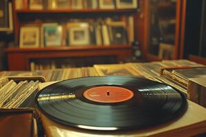 Vintage vinyl records stacked in a unique display showcasing music history photo